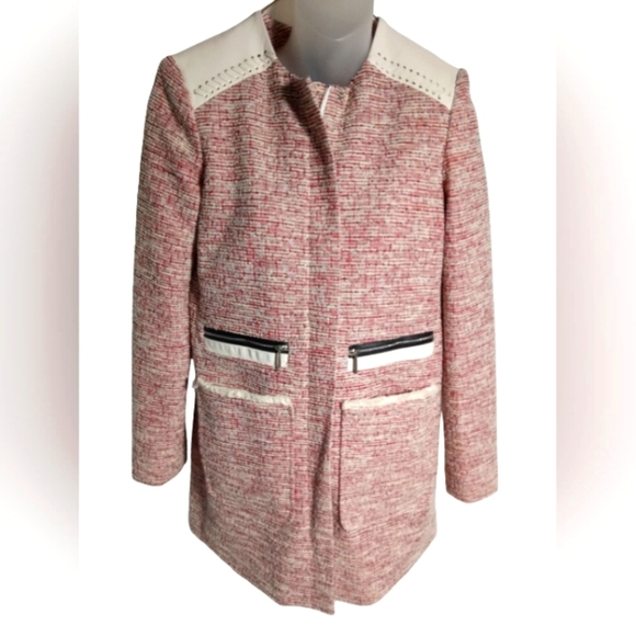 Etcetera Pink White Tweed Long Sleeve Collarless Jacket Contrast Trim Zip Pocket - Picture 1 of 7